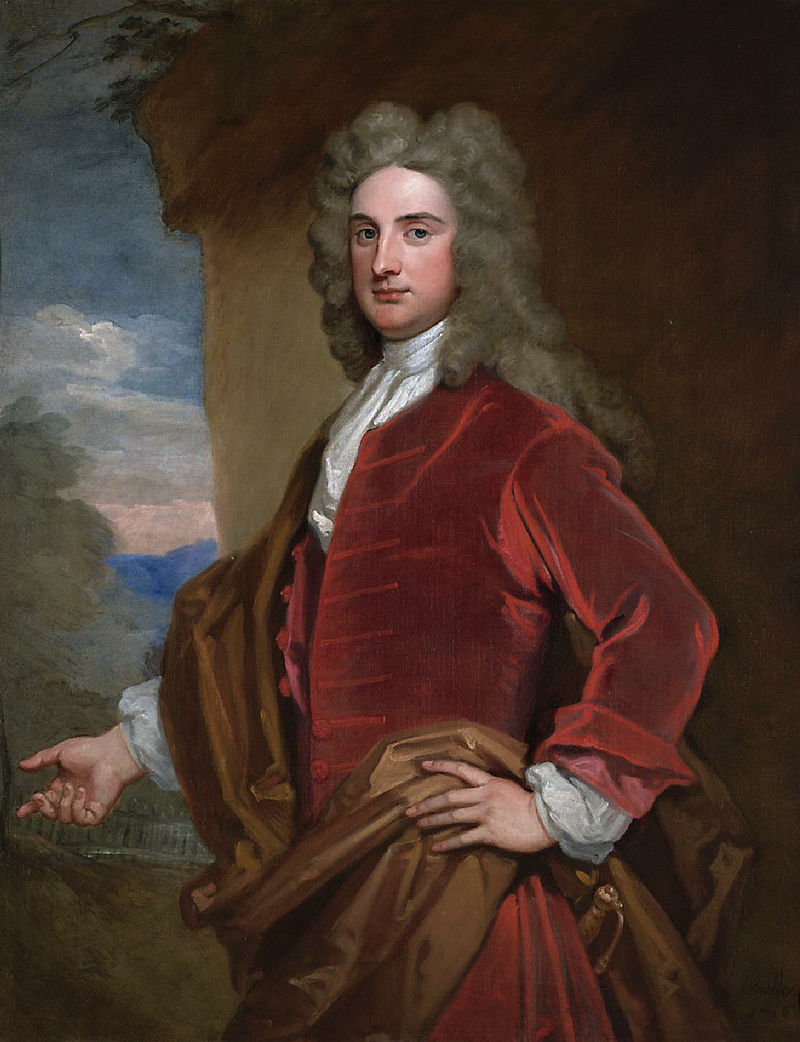 Portrait of Sir John Rushout turned slightly to the right, face forward, wearing a red coat.