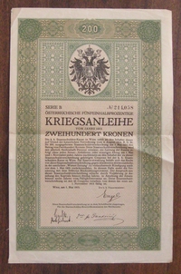 Austrian war bond: The first Austrian bonds had 5% rates of return and a five-year maturity