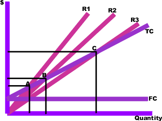 Multiple Break-Even Prices: R1, R2 and R3 = revenues at different chosen prices. TC = total cost curve. FC = fixed cost curve.