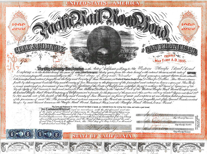 San Francisco Pacific Railroad Bond: $1,000 (30 year, 7%) "Pacific Railroad Bond" (#93 of 200) issued by the City and County of San Francisco