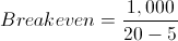 Breakeven Example: FC = 1,000. P = 20. VC = 5.