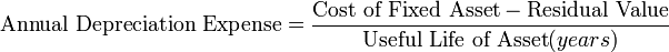 Straight line depreciation formula. Annual depreciation expense = Cost of fixed asset - Residual Value divided by Useful life of Asset (years).