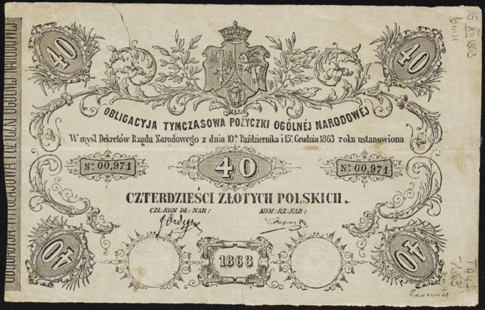 Government Bond: Bond of National Loan issued by Polish National Government in 1863.