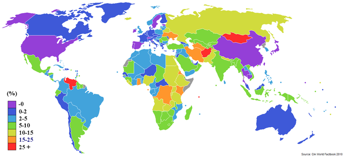 World map showing inflation rate by country.