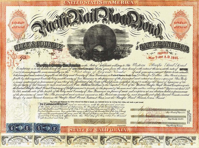 Redeemed Bonds: This Bond is one of the 400 issued to the Central Pacific Rail Road Company of California and 200 to the Western Pacific Rail Road Company in 1865 under the Act of the California Legislature passed on April 22, 1863. Coupon #1 was redeemed and cancelled on November 2, 1865, and coupon #35 on November 2, 1882, at which time the principal of $1,000.00 in gold coin was also paid from the Treasury of the City and County of San Francisco and the Bond was cancelled.