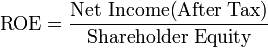 Return On Equity: ROE is equal to after-tax net income divided by total shareholder equity.