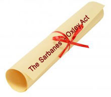 Image of paper rolled and tied with a red ribbon reading "The Sarbanes-Oxely Act"