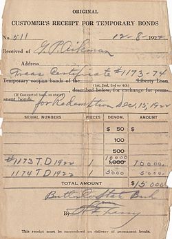 Temporary bonds for the state of Kansas issued in 1922: Par values of these bonds were $50, $100, $10000, and $3000