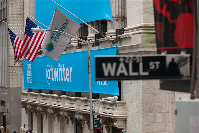 A Twitter banner hanging over the New York Stock Exchange on the day of its IPO.