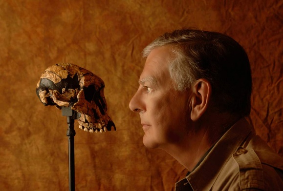 Donald Johanson and an Australopithecus fossil skull.