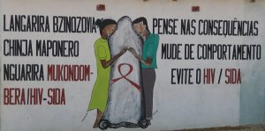 AIDS prevention art, Mozambique. The text reads “think of the consequences, change behavior, prevent HIV/AIDS.”