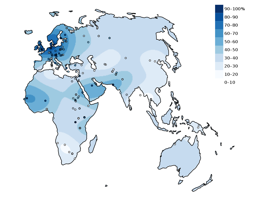 Interpolated map depicting the percentage of adults with the lactase persistence genotype in indigenous populations of the Old World. Circles denote sample locations.