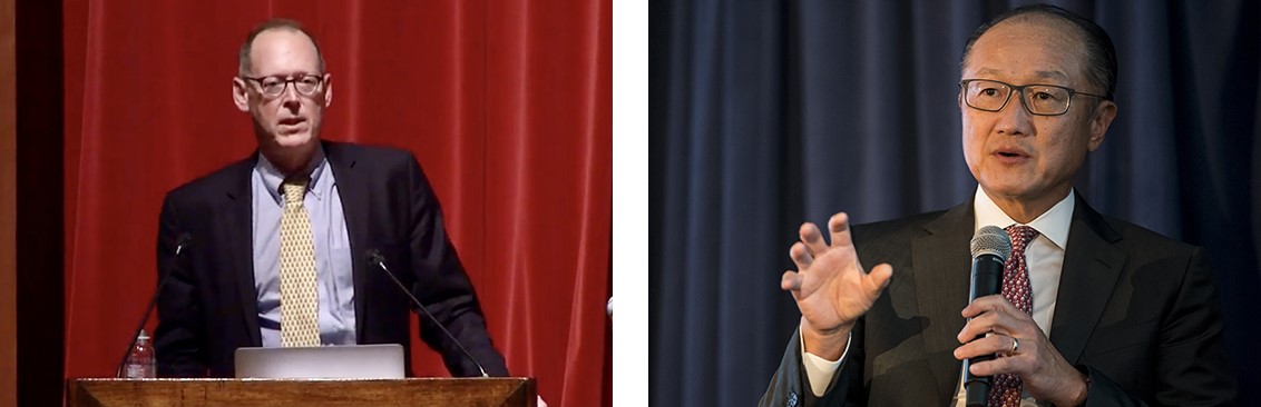 (left) Paul Farmer speaking at the University of Chicago in 2017. (right) Jim Yong Kim speaking in New York City in 2018.