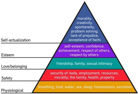 Maslow's hierarchy of needs moves from physiological to safety to love and belonging, esteem, and self-actualization in the shape of a pyramid.