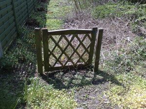 small wooden gate on a side yard.