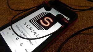 An iPhone playing the last episode of Season 1 of the Serial Podcast.