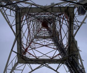 The view from below of a radio transmission tower