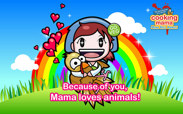 Screenshot Cooking Mama that reads "Because of you, Mama loves animals!"