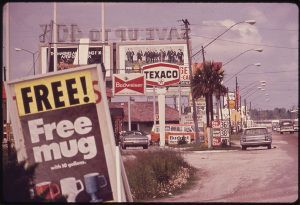 Billboards clutter the roadway in Leakey, Texas.
