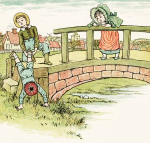 Children's book illustration of two boys roughhousing on a bridge, with a docile girl looking on.