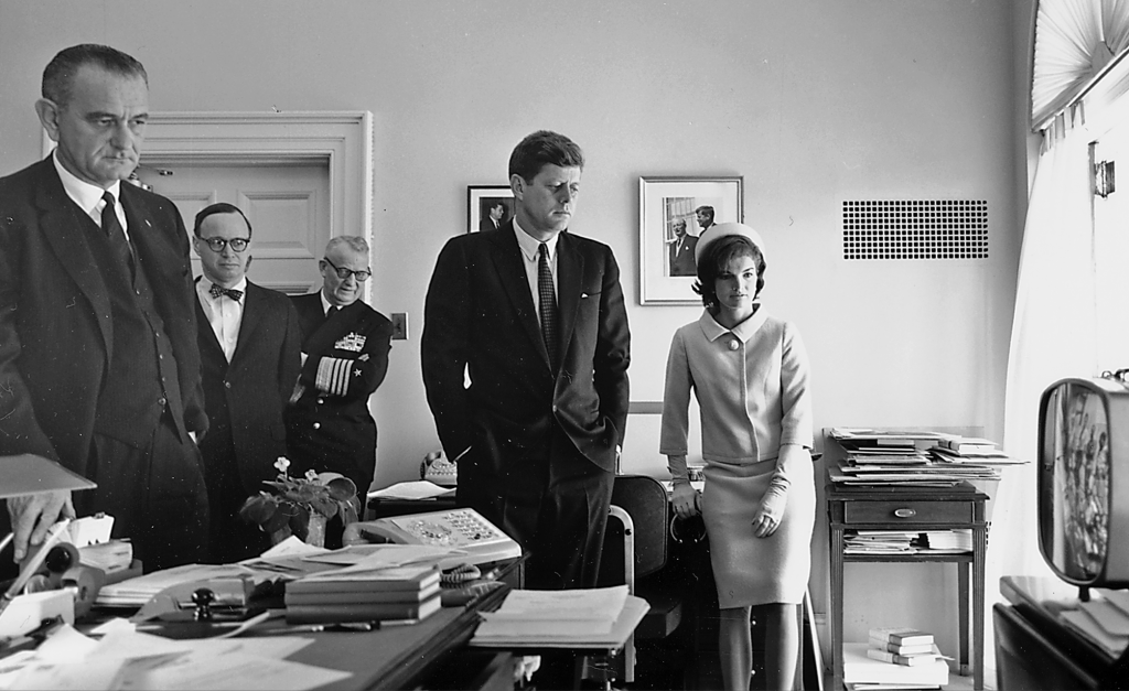Kennedy, Johnson, and others watching flight of Astronaut Shepard on television, 05 May 1961.