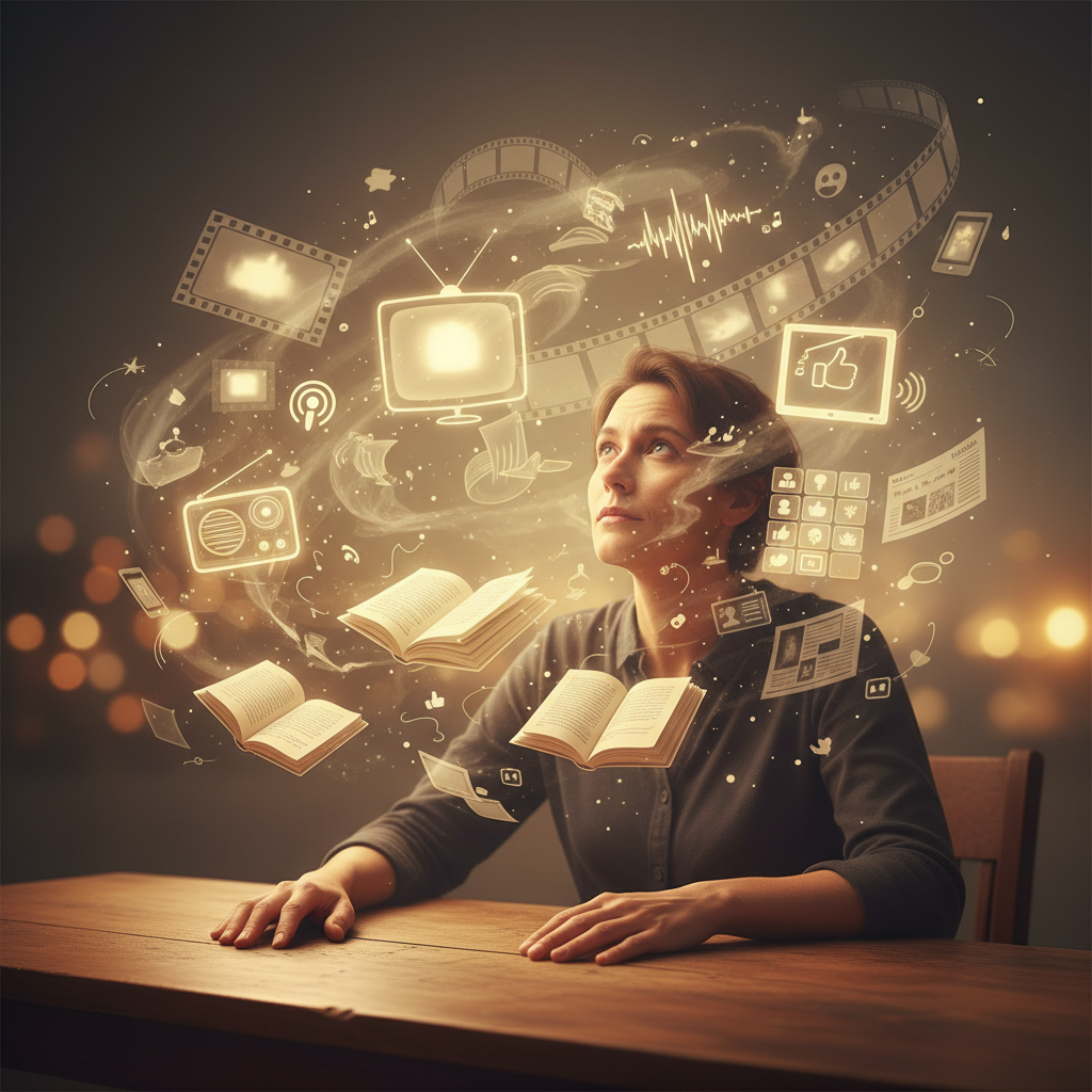 Woman surrounded by symbols of popular media