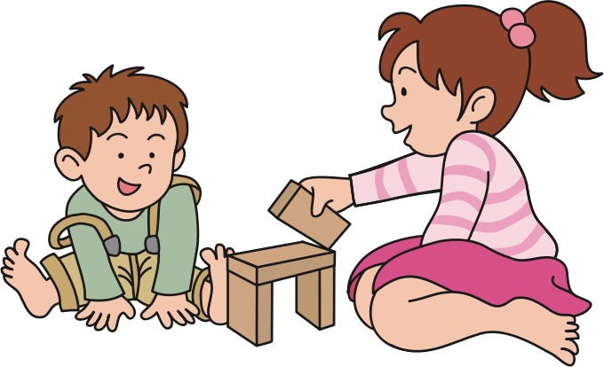 Clipart young boy and young girl playing with blocks.