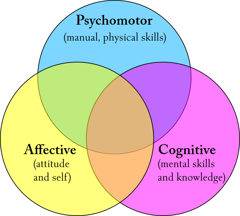 Psychomotor - manual and physical skills. Cognitive - mental skills and knowledge. Affective - attitude and self.