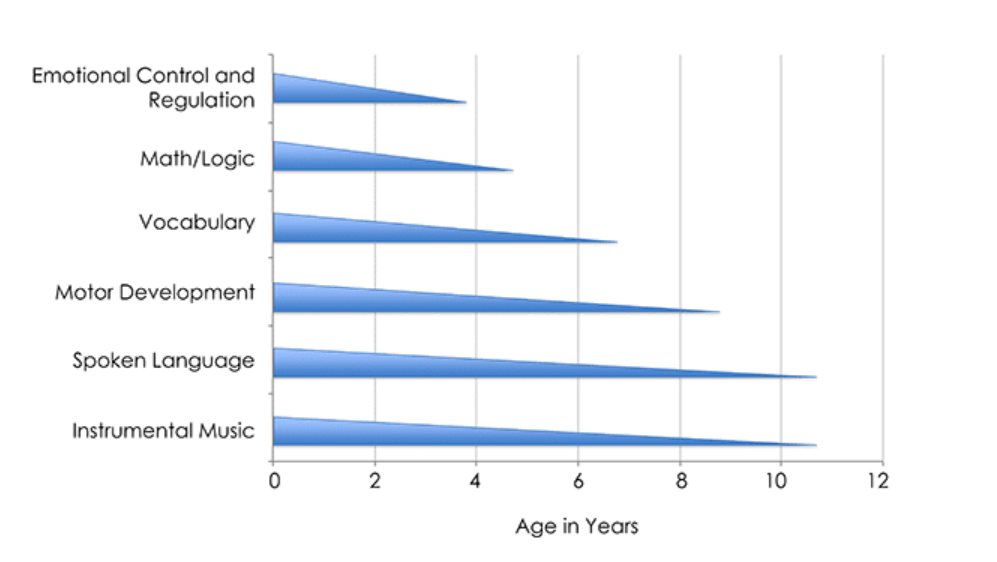 Emotional control and regulation about 4 years old. Math/logic just over five years old. Vocabulary about 7 years old. Motor Development about 9 years old. Spoken language about 11 years old. Instrumental Music about 11 years old.