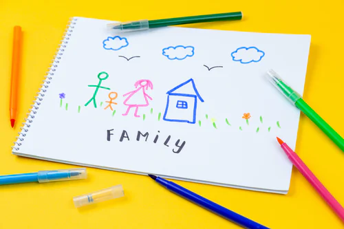 Stick figure drawing that reads family.