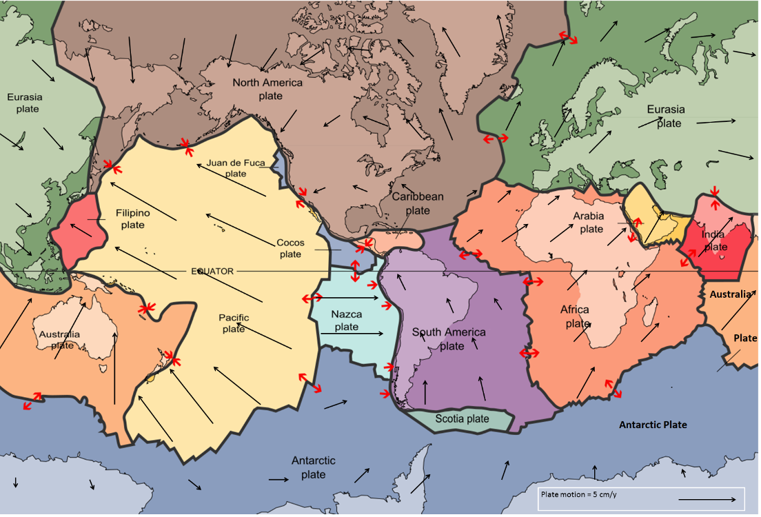 A map showing 15 of the Earth’s tectonic plates and the approximate rates and directions of plate motions