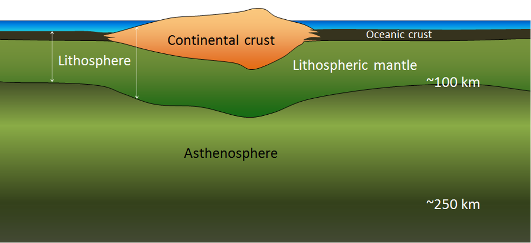 Illustration of the oceanic crust, continental crust, lithospheric mantle that makes up tectonic plates.