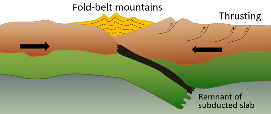 Illustration of two land plates converging. Showing the fold-belt mountain, thrusting and remnant of subducted slab.