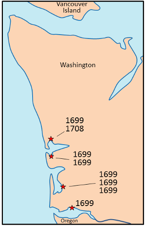 Map depicting years and areas where dead trees are present along the coast.