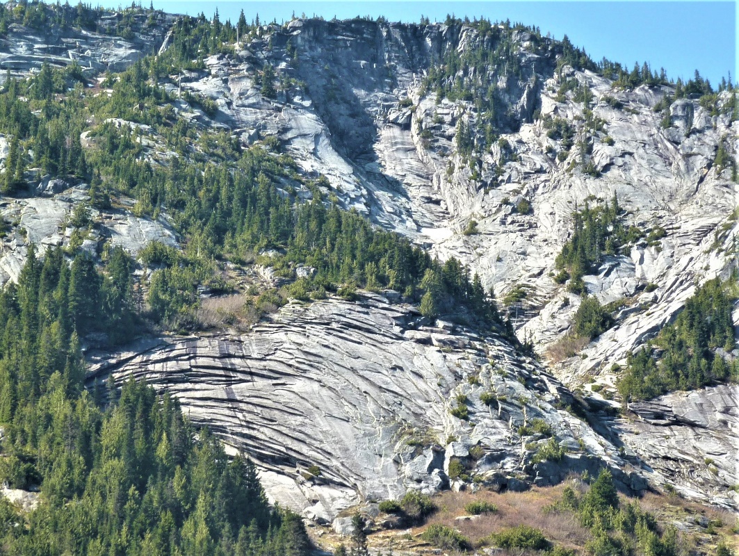 Exfoliation fractures in granitic rock exposed on the side of the Coquihalla Highway north of Hope, B.C.
