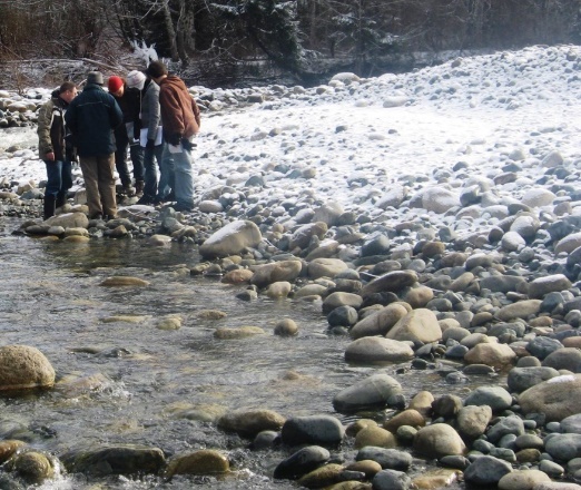 Figure 1.1.2: A group of people peer down at rocks in a stream