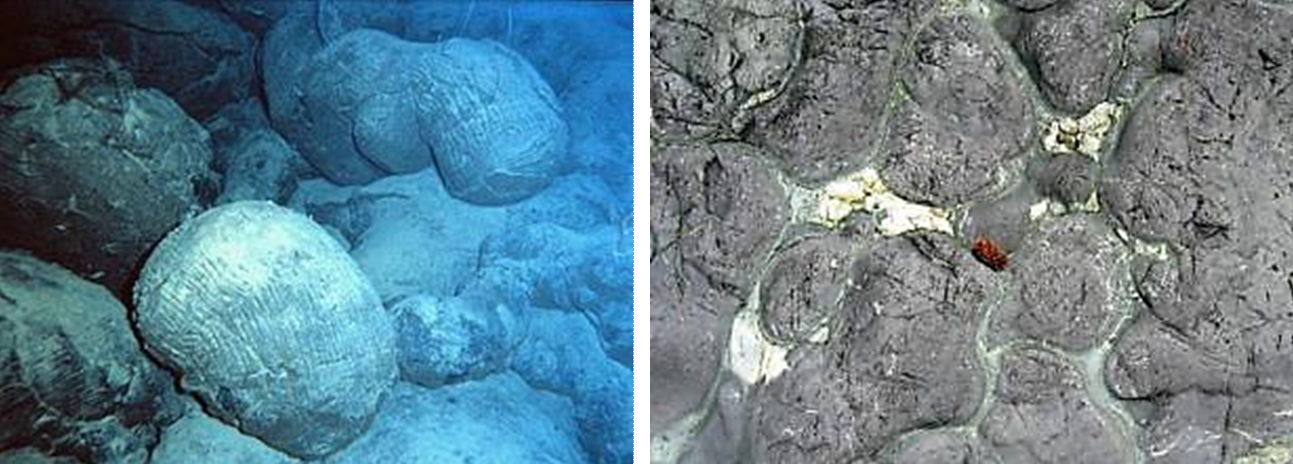 (Left) Modern sea-floor pillows in the south Pacific. (Right) Ancient sea-floor pillow basalts.