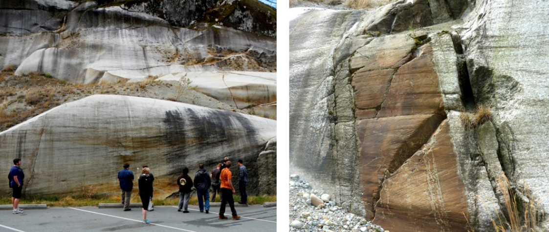 Left: Roches moutonées with glacial striae near Squamish, B.C. Right: Glacial striae at the same location near Squamish.