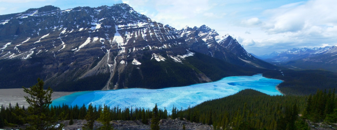 Peyto Lake in the Alberta Rockies, is both a finger lake and a moraine lake as it is dammed by an end moraine, on the right.