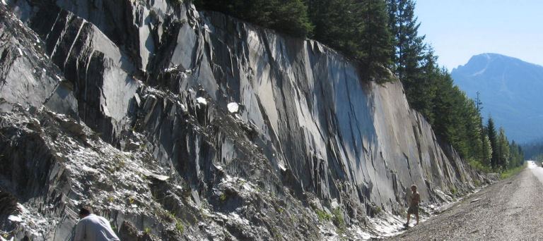 Exfoliation of slate at a road cut in the Columbia Mountains west of Golden, B.C.