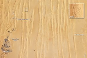 Satellite image of longitudinal dunes in Egypt.
