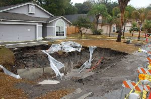 Sinkhole in the front yard of a Florida home.