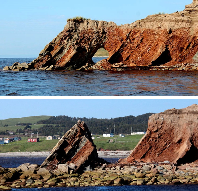 Top: An arch in tilted sedimentary rock at the mouth of the Barachois River, Newfoundland, July 2012. Bottom: The same location in June 2013. The arch has collapsed and a small stack remains.