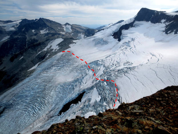 The Overload Glacier with a line superimposed with the approximate location of the equilibrium line.