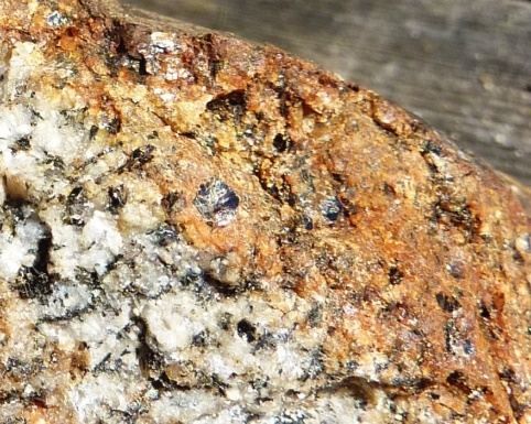 A granitic rock containing biotite and amphibole. Showing color variations or dark yellow and brown.