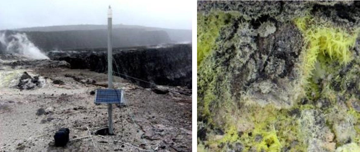 A gas-composition monitoring station (left). Close up of sulphur crystals (right).