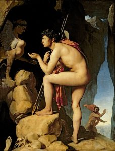 Oedipus speaking to the sphinx