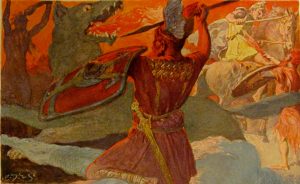 A scene from Ragnarök, the final battle between Odin and Fenrir and Freyr and Surtr.