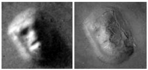 Side-by-side images of the "face" on Mars; left image by Viking 1 (1976); right image by Mars Global Surveyor (2001).