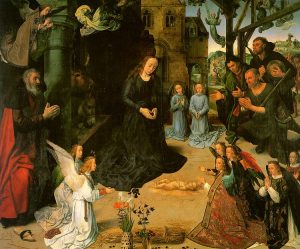 An image of the nativity with the baby in the center of a large empty space (negative space).